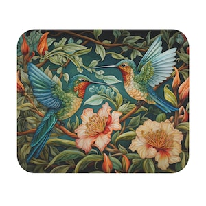 May include: Two hummingbirds with iridescent green and blue feathers are perched on a branch of a lush green plant with pink flowers. The background is a dark green with a blurred effect.