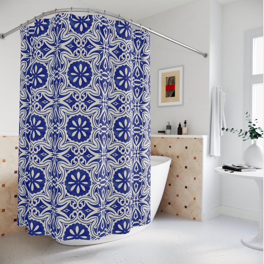 Blue White Tile Shower Curtain | Vintage Aesthetic Classic ...