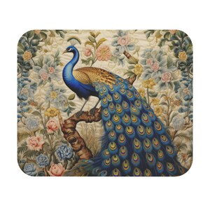 May include: A blue and gold peacock with its tail feathers spread out, standing on a branch in a floral pattern. The background is a cream color with a floral design.