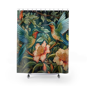 Hummingbird Shower Curtain | William Morris Inspired Home | Hummingbird Decor | Art Nouveau Retro Vintage Shower Curtain | Washable
