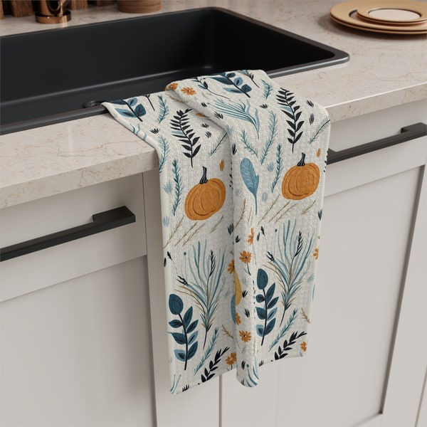 Blue Autumn Fall Kitchen Dish Towel - Farmhouse Rustic Boho Minimalist - Halloween Thanksgiving - Soft Tea Towel - 16x25