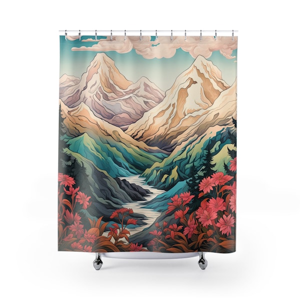 Mountain Shower Curtain | Victorian Art Inspired | Nature Decor, Fantasy Decor, Fairy Tale Decor | Water Resistant and Washable | 71x74