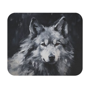 May include: A close-up of a wolf's face, painted in shades of gray and white against a dark background. The wolf's eyes are a bright amber color, and its fur is detailed with brushstrokes.