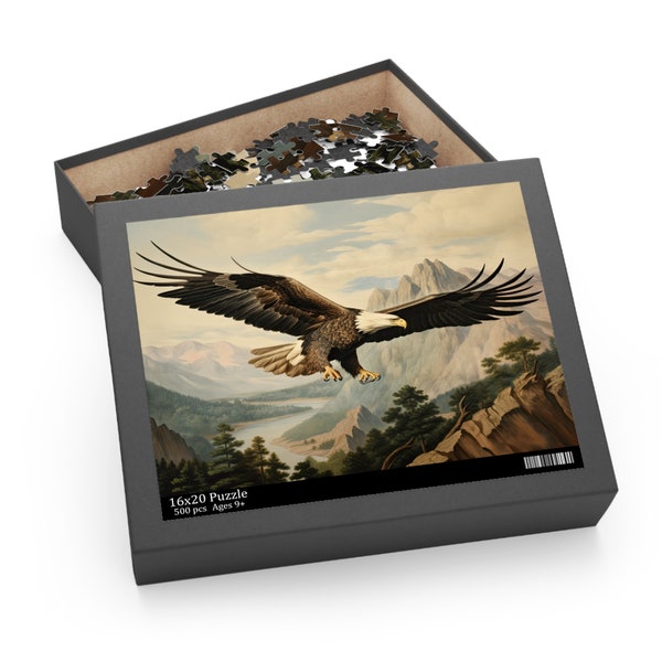 Bald Eagle Jigsaw Puzzle (120, 252, 500-Piece) Gift for Couples Family Game Night Kid Teen - America West Mountains - Vintage Art Style