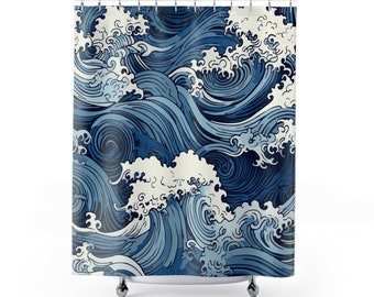 William Morris Inspired Shower Curtain | Ocean Waves | Ocean Beach Mermaid Bathroom Decor | Washable and Water Resistant - Standard Size