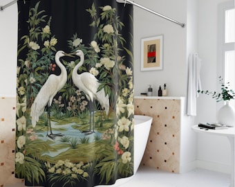 Crane Shower Curtain - Victorian William Morris Aesthetic Bathroom Decor - Floral Botanical Marsh Exotic Animal - Quick Dry Standard Size