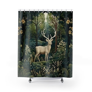 Vitt duschdraperi med hjortmotiv - William Morris Influence Cottagecore Bathroom - Mytisk legend - Gåva - Tvättbar vattenavvisande standardstorlek