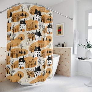 Modern Farmhouse Halloween Shower Curtain | Autumn Minimalist Rustic Bathroom Aesthetic | Orange Beige | Master Guest | Quick Dry Fabric