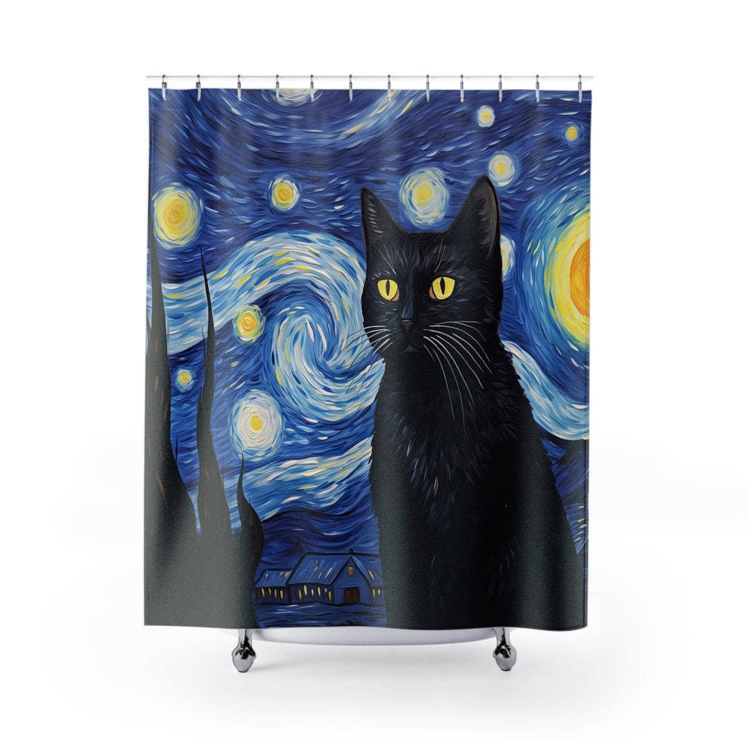 Starry Night Black Cat Shower Curtain Cat Lover Fun Artistic Bathroom