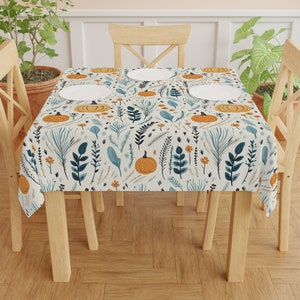 Blue Autumn and Fall Tablecloth - Farmhouse Boho Rustic Minimalist Halloween Thanksgiving - 55x55 Square and Round