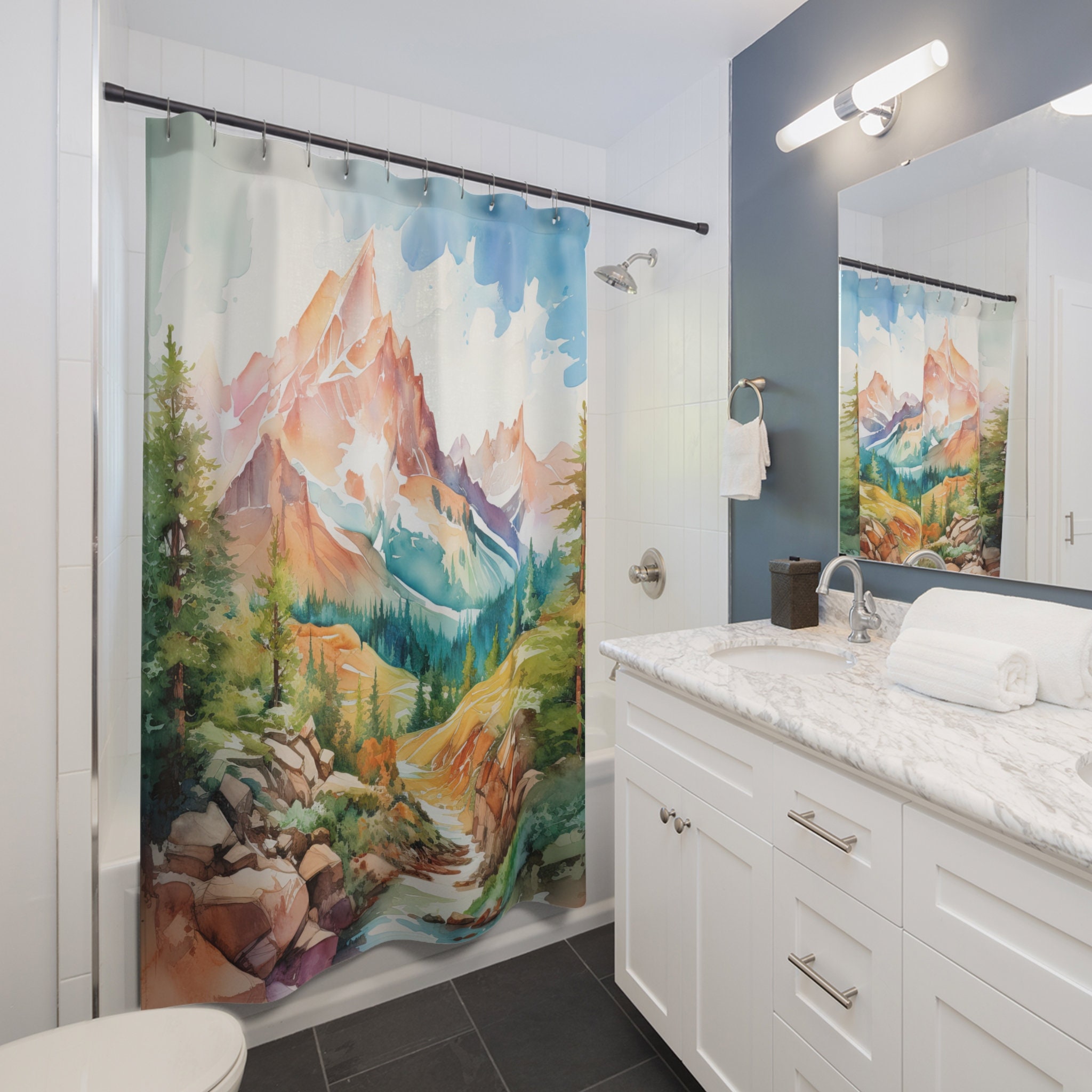 Mountain Shower Curtain Watercolor Decor Boho Bathroom - Etsy