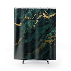 Dark Green Marble Shower Curtain | Green Shower Curtain | Green and Gold Decor | Old Money Aesthetic