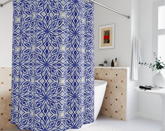 Blue White Mosaic Tile Shower Curtain | Vintage Aesthetic Classic Mediterranean European Luxury Bathroom Decor - Washable Fabric