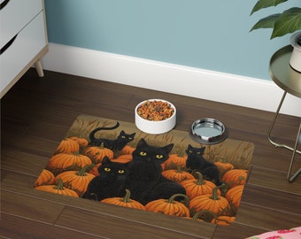 ハロウィン ペットフードマット - 犬 猫 フード ウォーターボウル - 秋 秋 黒猫 パンプキン - 新築祝い 新築 ペット アパート ギフト - 12x18 滑り止め