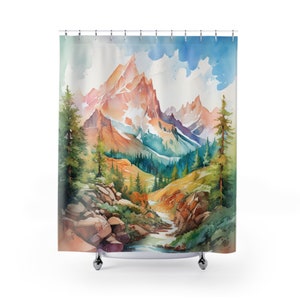 Mountain Shower Curtain | Watercolor Decor | Boho Bathroom | Luxury Serene Calming Bathroom | Guest Bathroom | Housewarming Gift | Standard