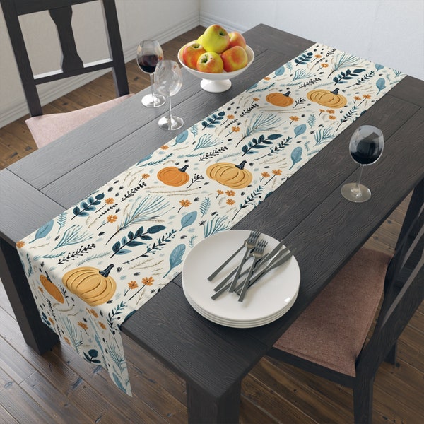 Blue Autumn Fall Pumpkin Table Runner - Halloween Farmhouse Boho Rustic Botanical - 16x72 and 16x90 - Cotton or Polyester