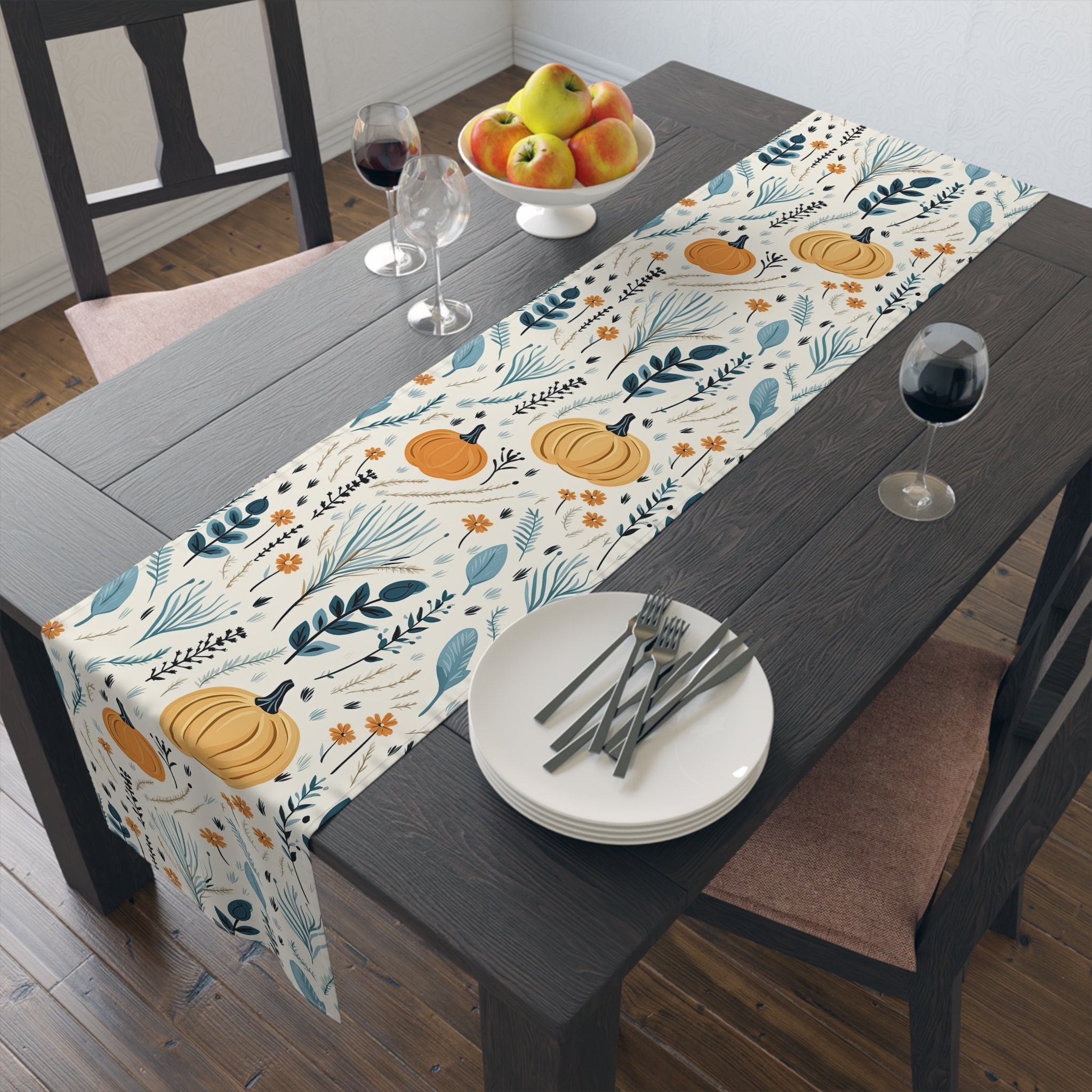 Blue Autumn Fall Pumpkin Table Runner - Halloween Farmhouse Boho Rustic ...