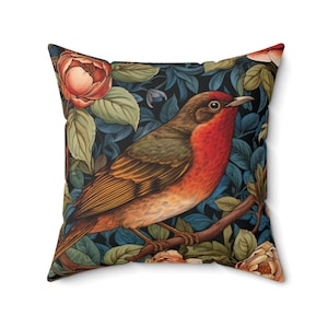 Almohada con diseño de pájaro petirrojo / Manta inspirada en William Morris / Cottagecore, almohada botánica con flores / Decoración de lujo maximalista / INSERTO INCLUIDO