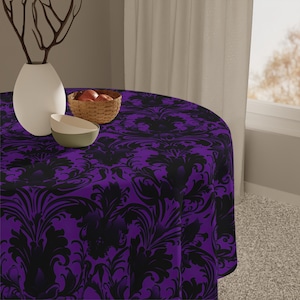 Gothic Purple Damask Tablecloth - Halloween Alt Vampire Goth Table Cloth - Aesthetic Nice Halloween Party Decoration - 55x55 Square Round