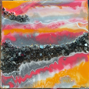 Geode geïnspireerde epoxyhars schilderij met houtskool kleur echt glas-aanpasbare opties!