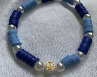 Blue Peace Sign Bracelet, Light Blue And Dark Blue Plus Pearls, Order Includes Mochis and Freebies