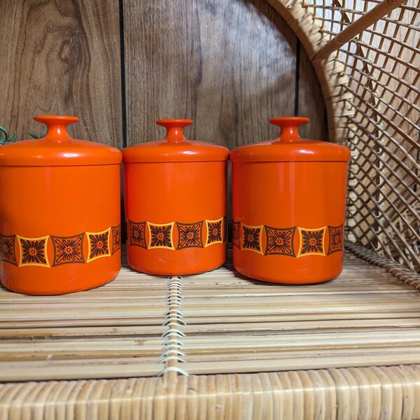 Set Of 3 Orange West German Kayser Plastic Kitchen Canisters The, Cacao, Farine