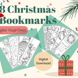 Christmas Bookmarks, Printable Bookmarks Christmas, Color your own bookmarks, Cute Coloring Bookmarks, Gift for Book Lovers