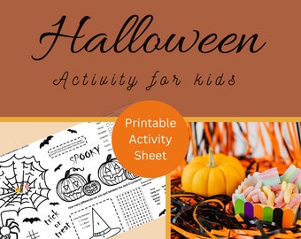 May include: Printable Halloween activity sheet with a spider web, pumpkin, witch hat, and word search. The sheet is on a table with a pumpkin, candy, and black and orange streamers.