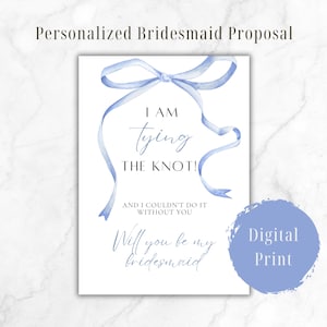 Biglietti di proposta per damigelle d'onore con fiocco blu Vuoi essere la mia damigella d'onore? Download immediato pastello Regali per feste di nozze moderne Festa nuziale di Tying the Knot
