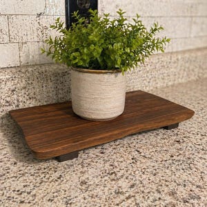 Puede incluir: Una bandeja de madera marrón oscuro con un diseño de borde natural. Una pequeña maceta de cerámica blanquecina con una planta verde se encuentra en la bandeja. La bandeja es rectangular con un borde ligeramente curvado.