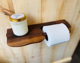 Handmade Walnut Toilet Paper Holder with Shelf | Rustic Live Edge Bathroom Shelf | Solid Wood TP Holder Wall Mount | Farmhouse Bathroom Deco