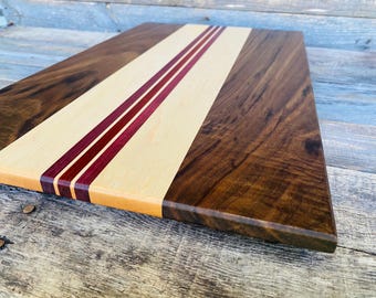 Handmade Walnut Cutting Board – Maple, Purpleheart & Padauk, Non-Slip Feet