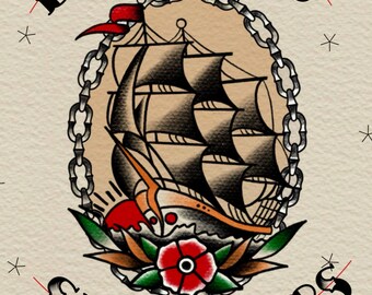 Framed 11”x17” American traditional ship