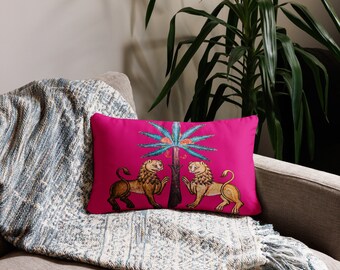 Medieval Lions Pink Throw Pillow