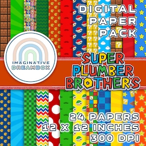 Super Plumber Brothers Mario and Luigi 24 Digital Paper Pack, textures for invitations, scrapbooking,backgrounds,decorations,wrapping paper
