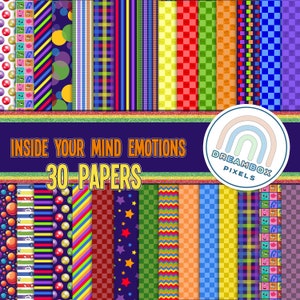 Puede incluir: Un paquete de papel digital con 30 patrones coloridos, incluyendo rayas, lunares, cuadros y estrellas. El texto "Inside Your Mind Emotions 30 Papers" se muestra en la imagen.