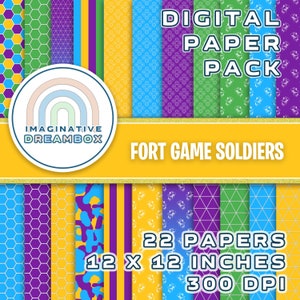 Puede incluir: Un paquete de papel digital con 22 patrones diferentes que incluyen formas geométricas, camuflaje y diseños de mandos de juego. El paquete incluye el texto "DIGITAL PAPER PACK", "FORT GAME SOLDIERS", "22 PAPERS", "12 X 12 INCHES" y "300 DPI".