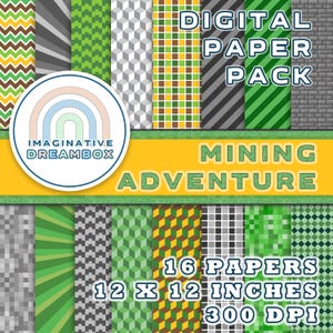 Puede incluir: Paquete de papel digital con 16 patrones diferentes en verde, gris, marrón y amarillo. Los patrones incluyen formas geométricas, rayas y diseños pixelados. El texto "DIGITAL PAPER PACK" está en la parte superior de la imagen, y el texto "MINING ADVENTURE" está en el medio de la imagen. El texto "16 PAPERS 12 X 12 INCHES 300 DPI" está en la parte inferior de la imagen.