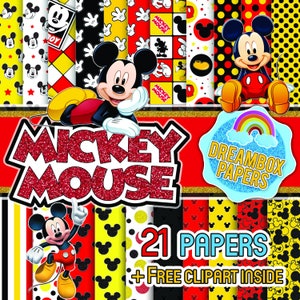 Puede incluir: Un conjunto de 21 papeles digitales con Mickey Mouse en varias poses y patrones. Los papeles son de color rojo, amarillo, negro y blanco con lunares, cabezas de Mickey Mouse y manos de Mickey Mouse. Los papeles son perfectos para scrapbooking, creación de tarjetas y otros proyectos de manualidades. El texto "Mickey Mouse" está en letras de purpurina roja con un borde de purpurina dorada. El texto "Dreambox Papers" está en letras azules con un borde de arcoíris. El texto "21 papeles + clipart gratis dentro" está en letras negras con un borde blanco.