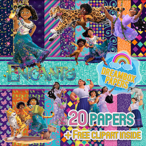 May include: A collage of digital papers featuring characters from the animated film Encanto. The papers feature a variety of colorful patterns and designs, including flowers, geometric shapes, and stripes. The text "Encanto" and "Dreambox Papers" is visible in the image. The image also includes the text "20 Papers + Free Clipart Inside".