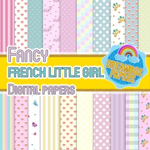 Puede incluir: Un conjunto de 12 papeles digitales con varios patrones en rosa, azul, amarillo y blanco. Los patrones incluyen lunares, rayas, corazones, mariposas y coronas. El texto "Fancy French Little Girl Digital Papers" se muestra sobre un fondo amarillo.