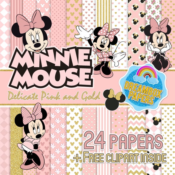 Minnie Mouse Delicate Pink and Gold Digital Paper Pack, textures for invitations, scrapbooking,backgrounds,decorations,wrapping paper