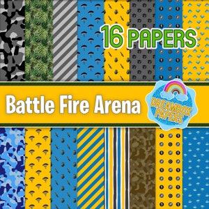 Puede incluir: Una colección de 16 papeles estampados con varios diseños. Los patrones incluyen camuflaje, hojas de palma, rayas, paracaídas, granadas y diamantes. El texto "Battle Fire Arena" y "16 PAPERS" se muestran de forma destacada. También es visible un logotipo con un arcoíris y el texto "DREAMBOX PAPERS".