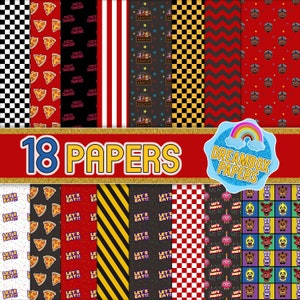 Puede incluir: 18 papeles digitales con varios patrones, incluyendo rebanadas de pizza, cuadros, rayas y un personaje del videojuego Five Nights at Freddy's. El texto "Let's Eat!" y "Let's Party!" se repite en algunos de los papeles.