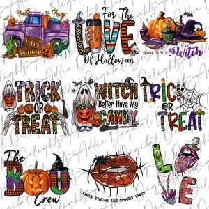 May include: A digital download of Halloween themed graphics. The graphics include a truck with pumpkins, a ghost, a spider, lips, and text that says "Trick or Treat", "Witch Trick or Treat", "For the Love of Halloween", and "Born to be a Witch".