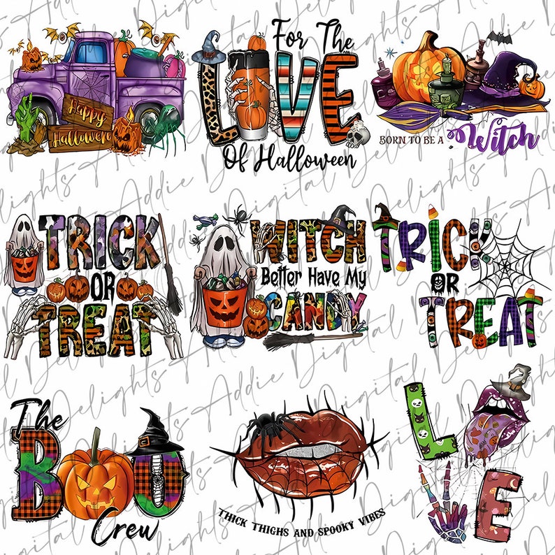 May include: A digital download of Halloween themed graphics. The graphics include a truck with pumpkins, a ghost, a spider, lips, and text that says "Trick or Treat", "Witch Trick or Treat", "For the Love of Halloween", and "Born to be a Witch".