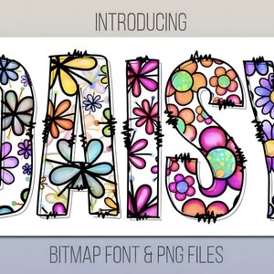 Pode incluir: Apresentação do Daisy, uma fonte colorida com um padrão floral. As letras são delineadas em preto e preenchidas com uma variedade de flores em tons de rosa, roxo, azul, amarelo e laranja. A fonte está disponível como fonte de mapa de bits e arquivos PNG.