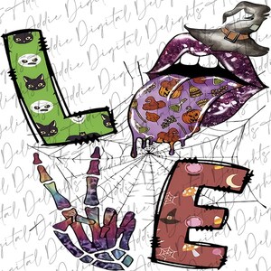 May include: A Halloween-themed graphic design featuring the word "LOVE" in a colorful, whimsical style. The "L" is green with black cats and ghosts, the "O" is purple with a witch's hat and dripping purple paint, the "V" is a rainbow tie-dye skeleton hand, and the "E" is red with mushrooms and a crescent moon.