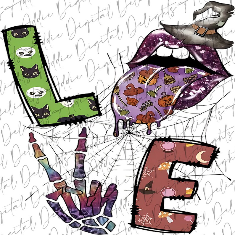 May include: A Halloween-themed graphic design featuring the word "LOVE" in a colorful, whimsical style. The "L" is green with black cats and ghosts, the "O" is purple with a witch's hat and dripping purple paint, the "V" is a rainbow tie-dye skeleton hand, and the "E" is red with mushrooms and a crescent moon.