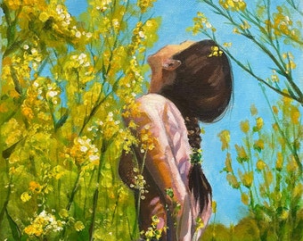 Girl in the Blooming Flowers - Original Painting on Stretched Canvas
